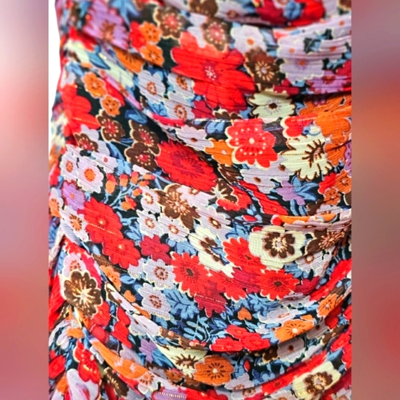 🆕️Zara Ruched Red Pink & Gold Ruched Puff Sleeve Mini Chiffon Draped Dress M - Picture 11 of 16